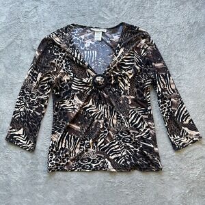 VTG Claudia Richard Y2K Animal Print Top M Petite Zebra Leopard Ring Detail USA